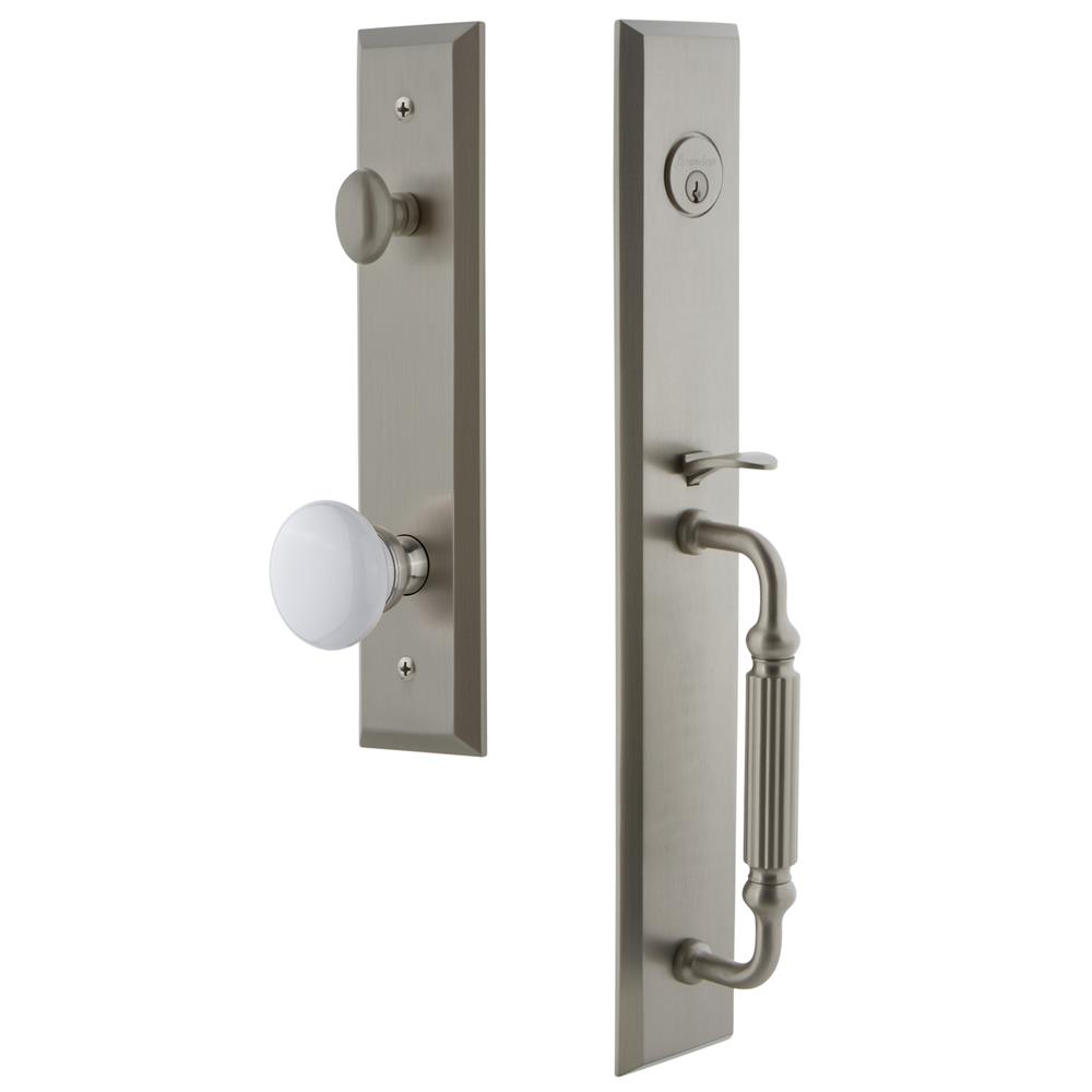 Grandeur by Nostalgic Warehouse FAVFGRHYD Fifth Avenue One-Piece Handleset with F Grip and Hyde Park Knob in Satin Nickel